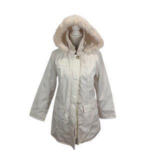 Dennis Basso Cream Coat Faux Fur Hooded NEW S